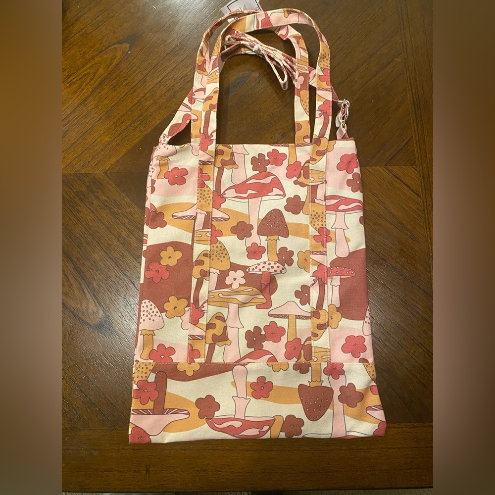 Printed  Canvas Tote Bag 16”x13”” Has Mushrooms And Flowers Great For Laptops